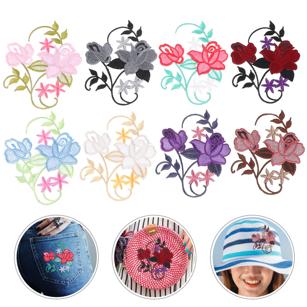8 Pcs Embroidery Flower Patches Embroidered Iron Appliques Sew Adhesive
