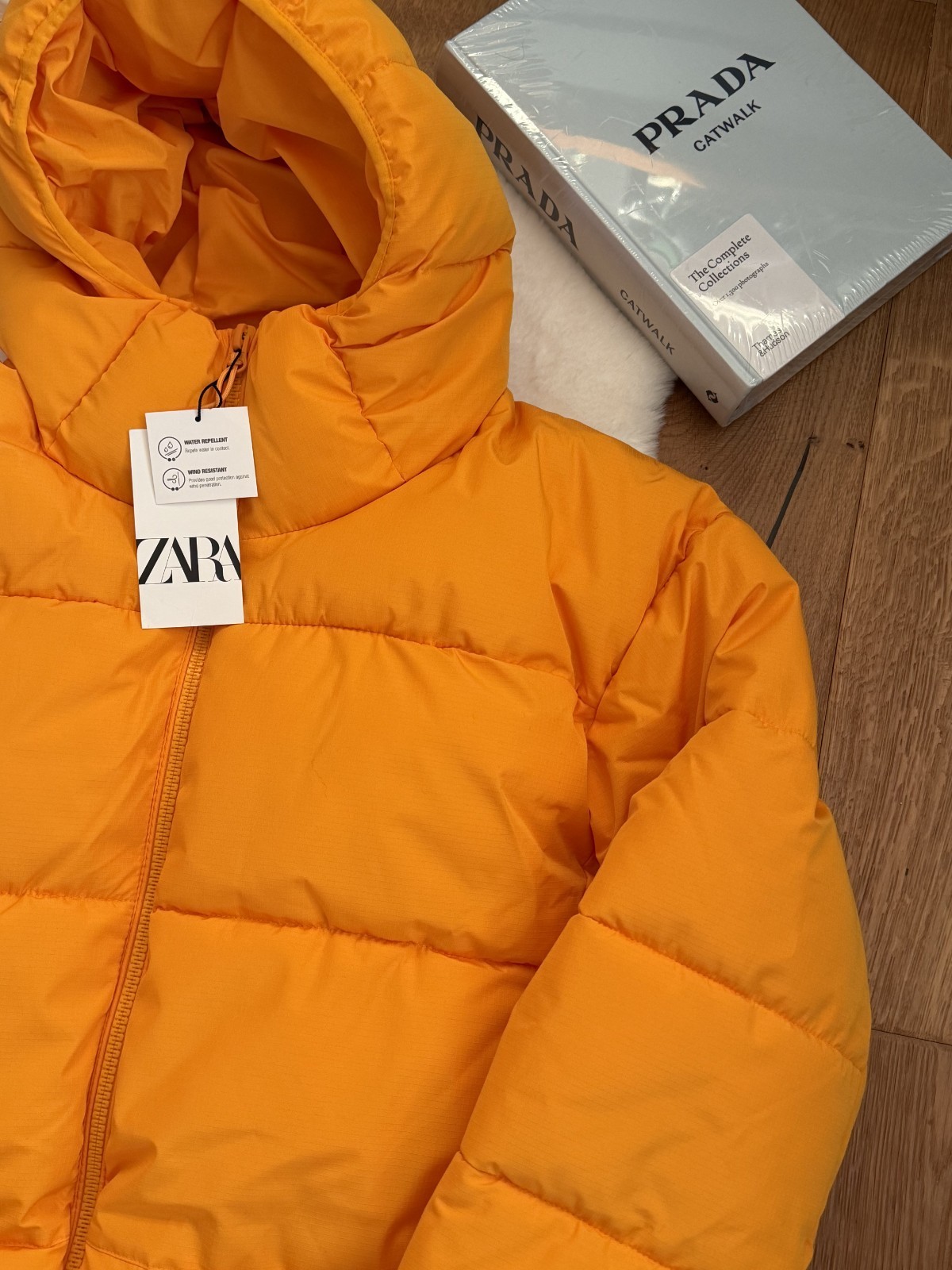 Zara Yellow Puffer jacket hooded zip water repellent Mens size L Large 6985/322 image 8