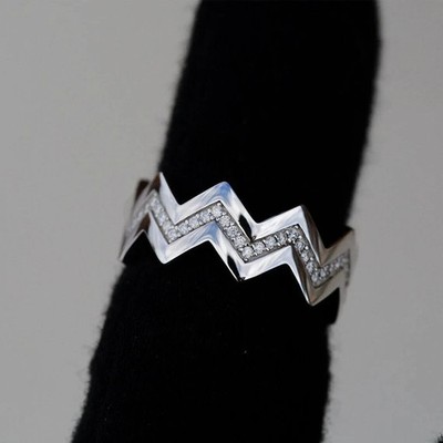 Wedding Zig Zag Unisex Band Ring Round Simulated Diamond 14K White Gold Finish