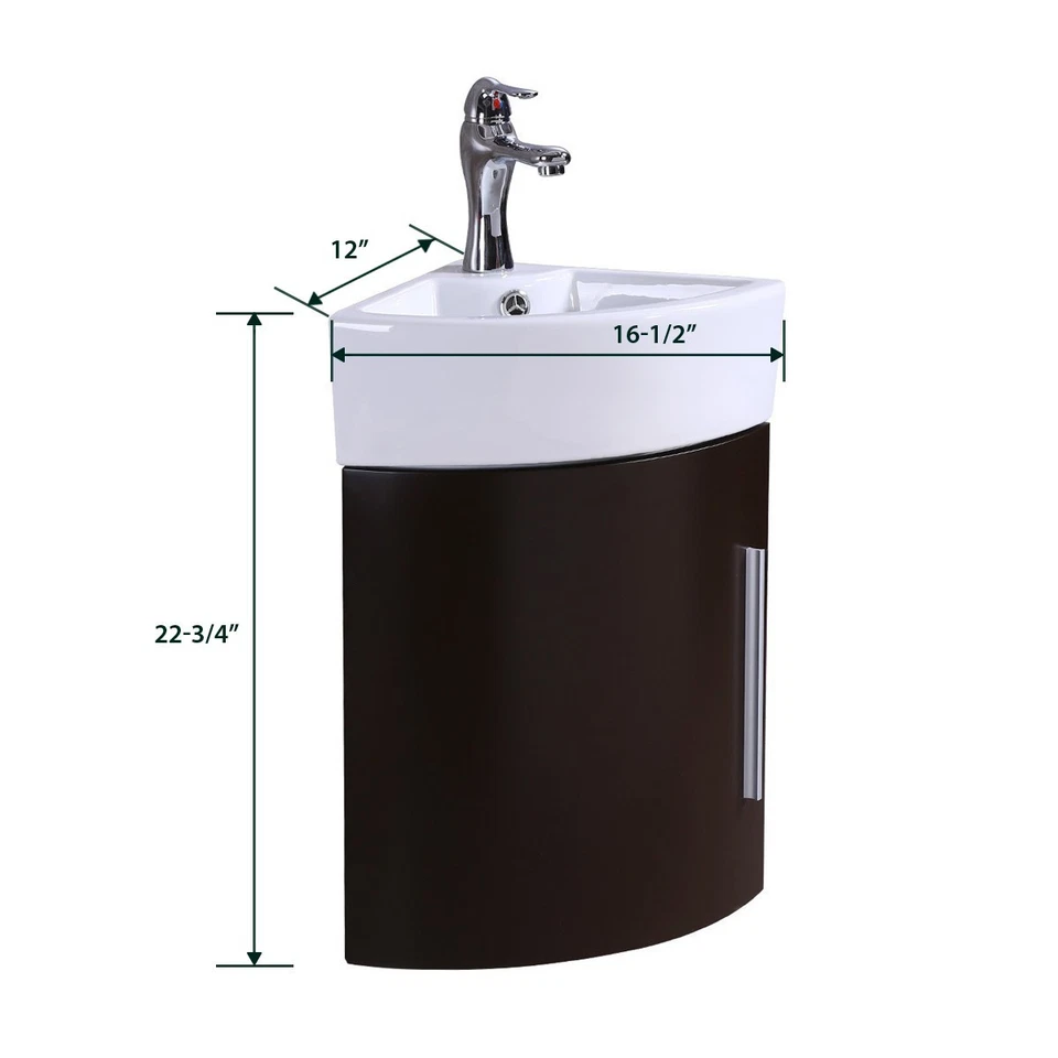 White Corner Vanity Sink Dark Oak Finish Cabinet with Faucet Drain and Overflow - Image 4 of 4