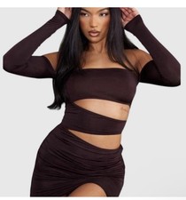 Pretty Little Thing NWT Size 4 Chocolate Slinky Bardot Cut Out Bodycon Dress