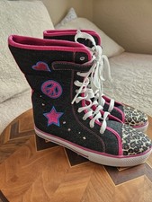 Faded Glory Girls Denim Boots Star Heart Peace Animal Print Pink Trim, 4