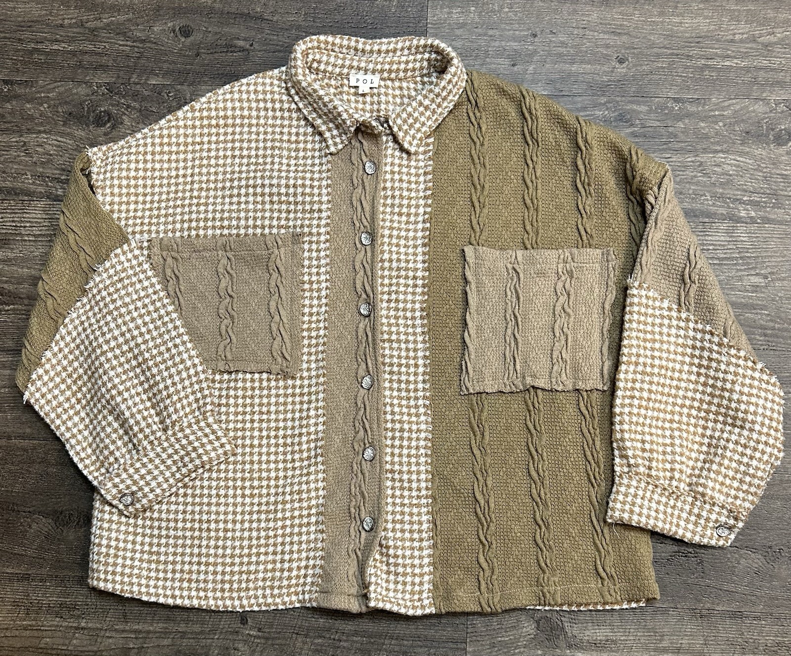 POL Pieced Patchwork Houndstooth Shacket Mocha Mu… - image 1