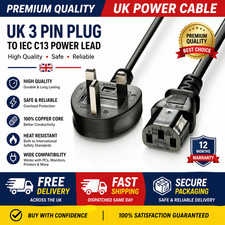 Kettle Lead Power Long Cable 3 Pin UK Plug PC Monitor TV C13 Cord 13 A 1.5m
