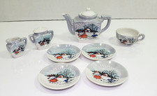 Vintage JAPAN Miniature Winter Tea Set Blue Luster Girl with Sled Set of 10 Pcs