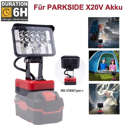 DEMKMILRI Schnurlose LED-Arbeitsleuchte für PARKSIDE X20V Series Akku Außenlampe w/USB Neu