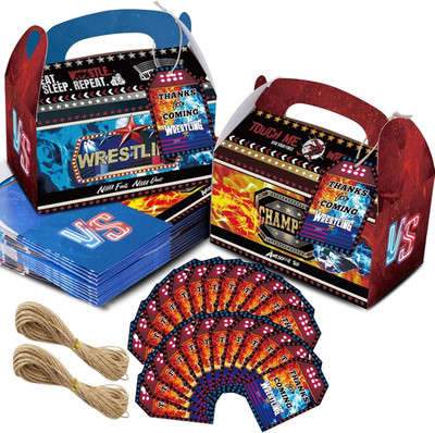 24 PCS Wrestling Party Favor Goodie Candy Treat Boxes with 24PCS Thank You Ta...