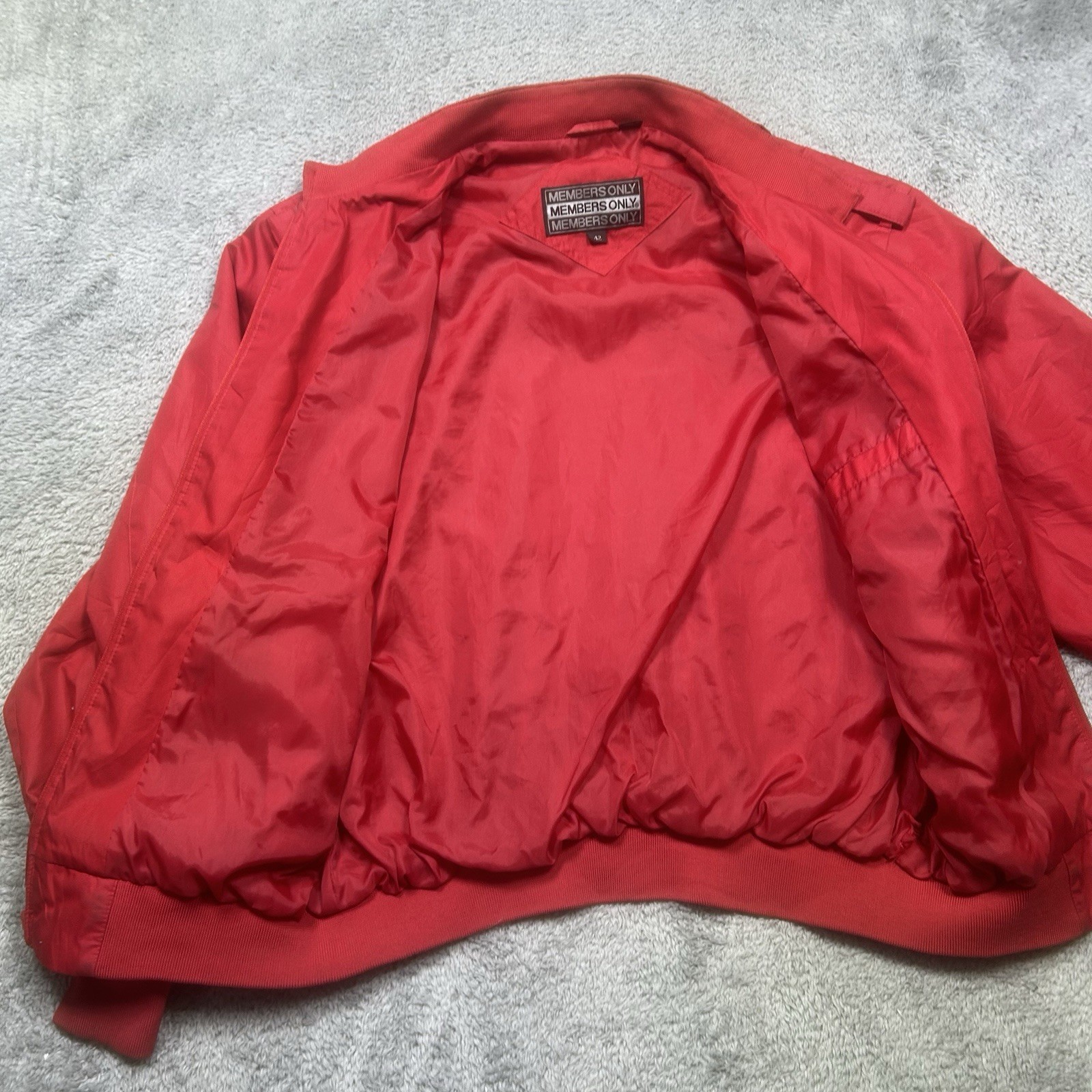 Vintage Members Only Jacket Mens 42 Red Bomber Classic Racer Jacket 80s *SPOTS