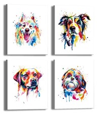 Framed Lovely Dog Canvas Wall Art Set,Pet Canvas Painting Puppy Artwork,Abstr...