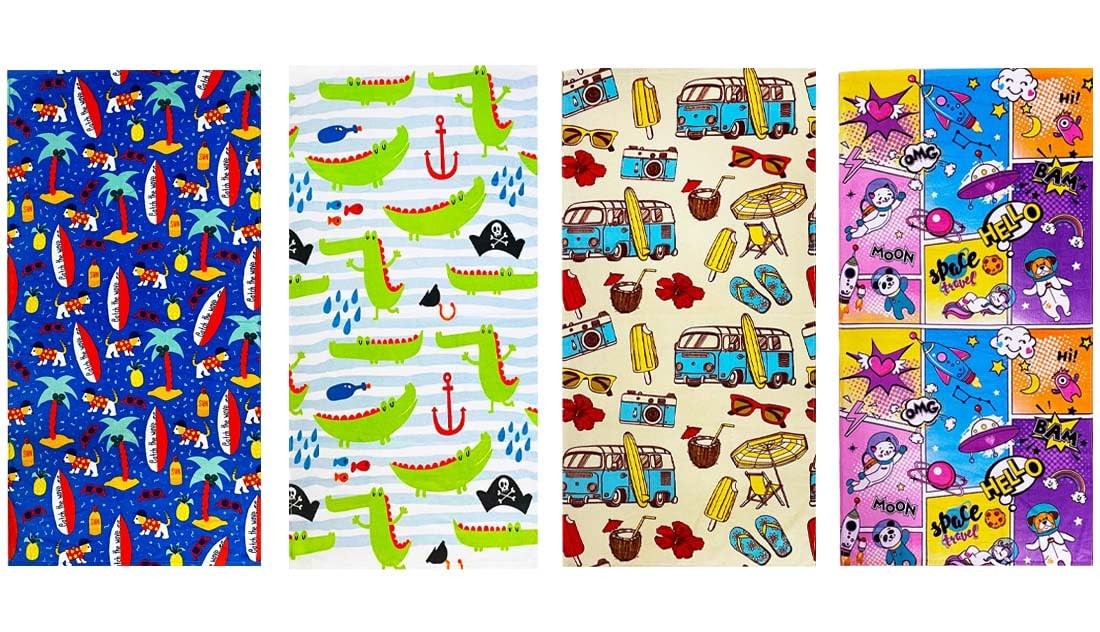 4 Pack Kids Beach Towel 100% Cotton Velour Terry Soft Absorb
