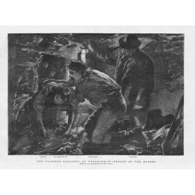 TROEDYRHIW Rettung der Bergleute in der überfluteten Zeche - antiker Druck 1877