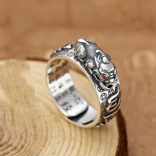 Silver Feng Shui Pixiu Adjustable Ring MANI Mantra Protection Wealth Ring USA