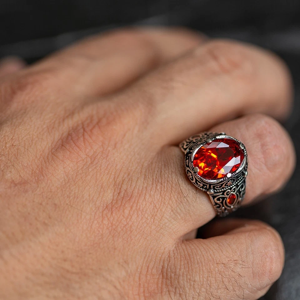 Anel masculino de prata esterlina 925 granada vermelha pedra preciosa - Imagem 2 de 4