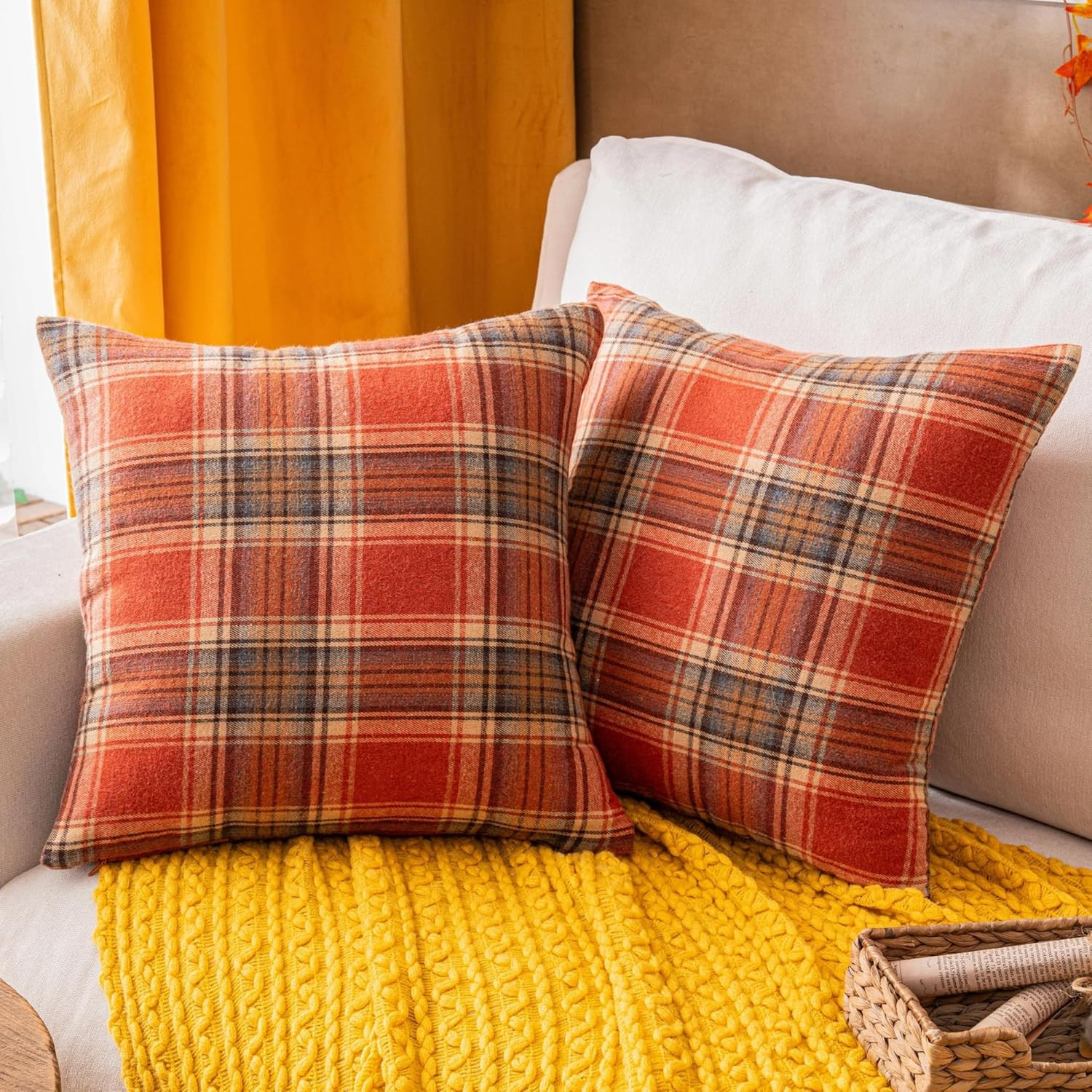 Fall Plaid Orange Throw Pillow Covers 18X18 Inch, Set of 2 Autumn Decorative Thr