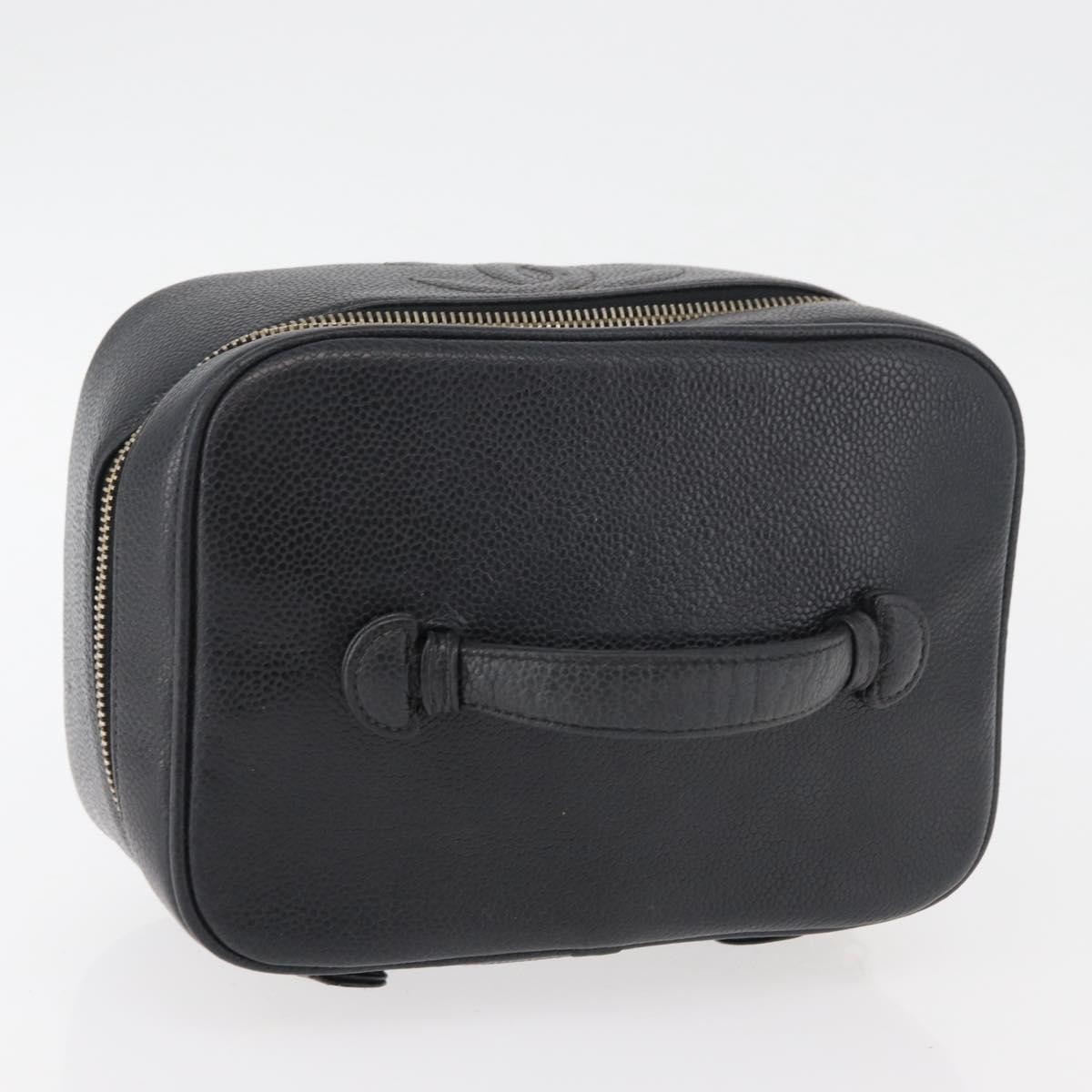 CHANEL Vanity Cosmetic Pouch Grained Calf Skin Black Gold CC Auth