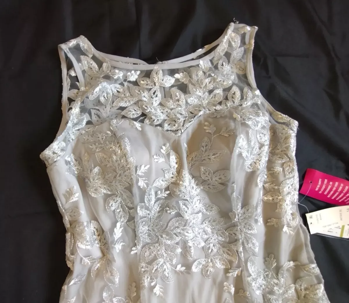 Ignite Evenings Women s Embroidered Illusion Neck Dress Grey Size