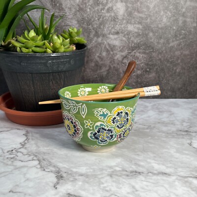 5''Oriental Flower Floral Pattern Green Ceramic Ramen  Rice Bowl gift