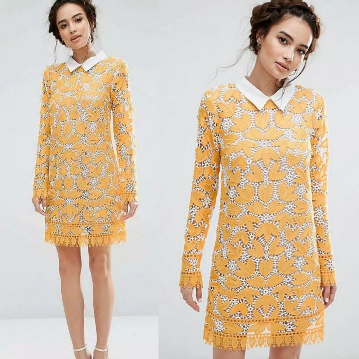 ENDLESS ROSEGolden Yellow & White Lace Overlay Collared Dress Sz S Retail $140 ENDLESS ROSEGolden Yellow & White Lace Overlay Collared Dress Sz S Retail $140