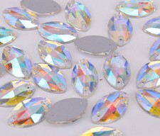 Sew On 13x22mm Crystal Rhinestone Navette White AB Glass Jewels Faceted Bead