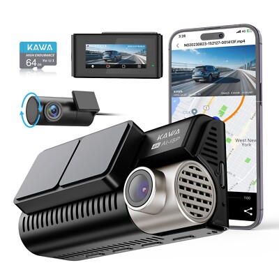 KAWA AI-ISP 4K Dual Dash Cam, GPS AI Motion Detection 64GB Card, 24H Park Mode