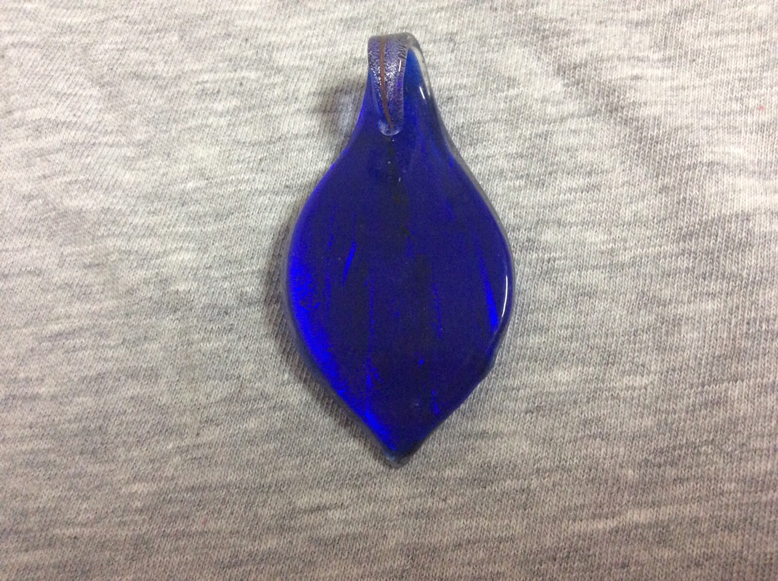 Murano Style Hand Blown Cobalt Blue w/Silver & Red Glass Leaf Pendant