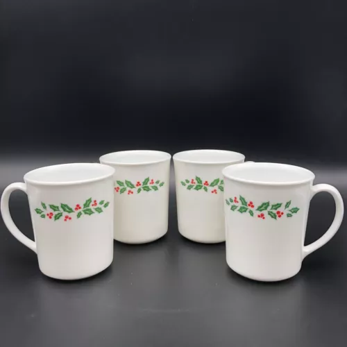 Corning Corelle Christmas HOLLY DAYS Mugs Cups Milk Glass Set Of 4