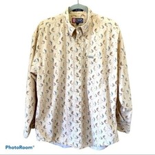Chaps Ralph Lauren Beige Fish Fishing Button Up Shirt Sz L All Over Print Collar