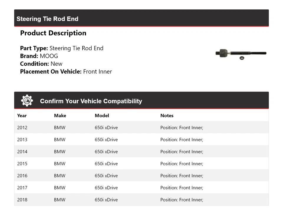 Para BMW 650i xDrive 2012-2018 extremo de barra de dirección interior delantero MOOG 2012 2013 Foto 2 de 4