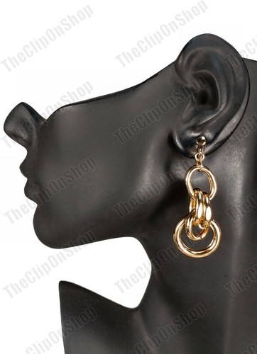 CLIP ON link drop RETRO EARRINGS non-pierced dangle chain links hoops GOLD TONE - Picture 5 of 7