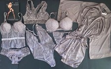 Victoria's Secret 32C,36D BRA SET CORSET TEDDY ROBE FISHNET velvet Brown taupe