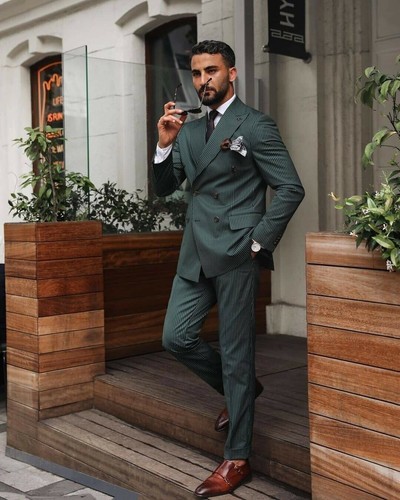 Green Pinstripe Men Suits Peak Lapel Double-Breasted Tuxedos Wedding Prom Blazer - Picture 6 of 10