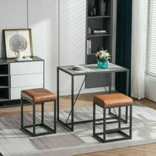 US 3Pcs Pub Rectangle Dining Set Wood Dining Table+2 Leather Cushioned Bar Chair