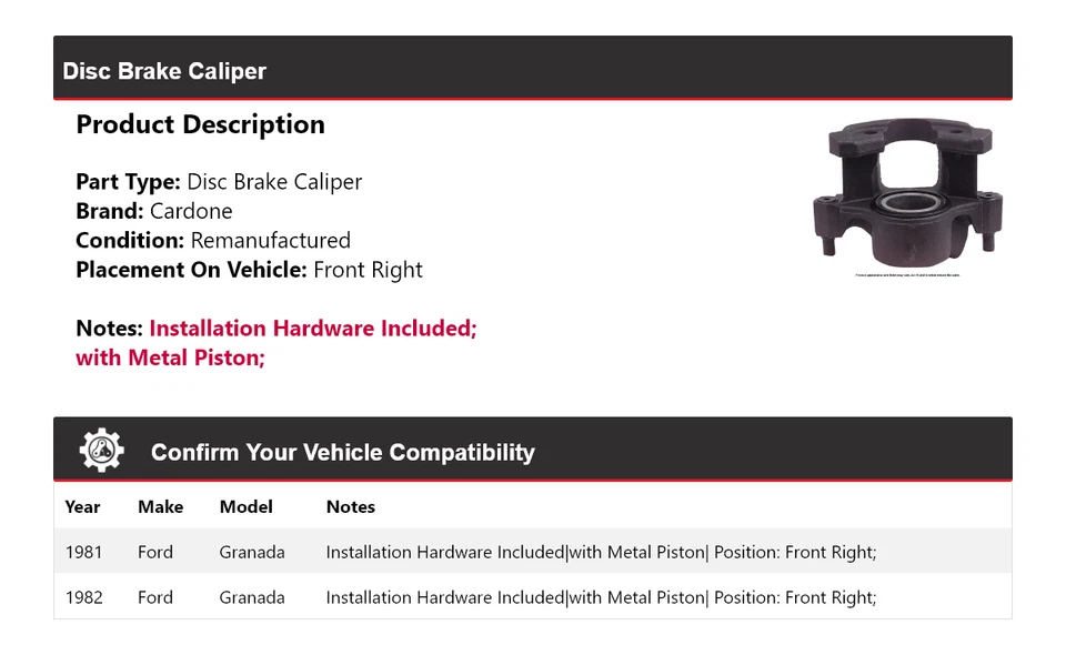 Pinza de freno de disco delantera derecha cardone para Ford Granada 1981-1982 Foto 2 de 4