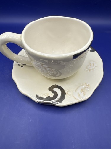 Bella Casa By Ganz Off White With Shiny Silver Teapot With Cups And Saucers - Picture 16 of 23