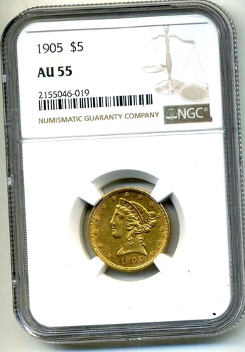 GOLD 1905  P AU55 NGC FIVE Dollar HALF EAGLE American  U.S.A $5 US Coin #1106