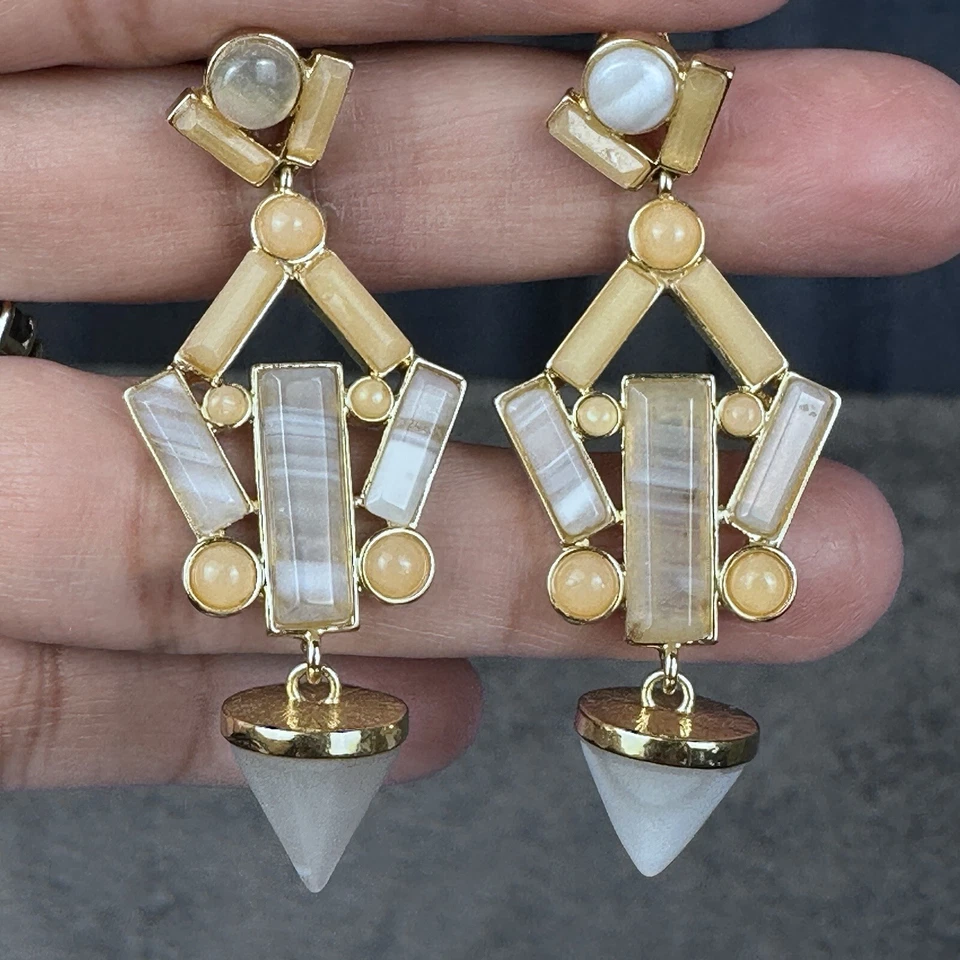 Moda Aretes Colgantes Largos Geométricos Ágata Óptica Cuarzo Chapado en Oro 2" Foto 2 de 4