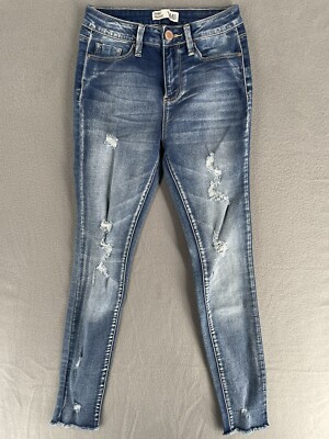 YMI Jeans Women s 26 Mid Rise Skinny Fit Dark Wash Distressed Tapered Leg Blue