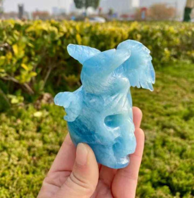 339g Natural Aquamarine Quartz Carved Eagle Skull Crystal Reiki Decor Gift