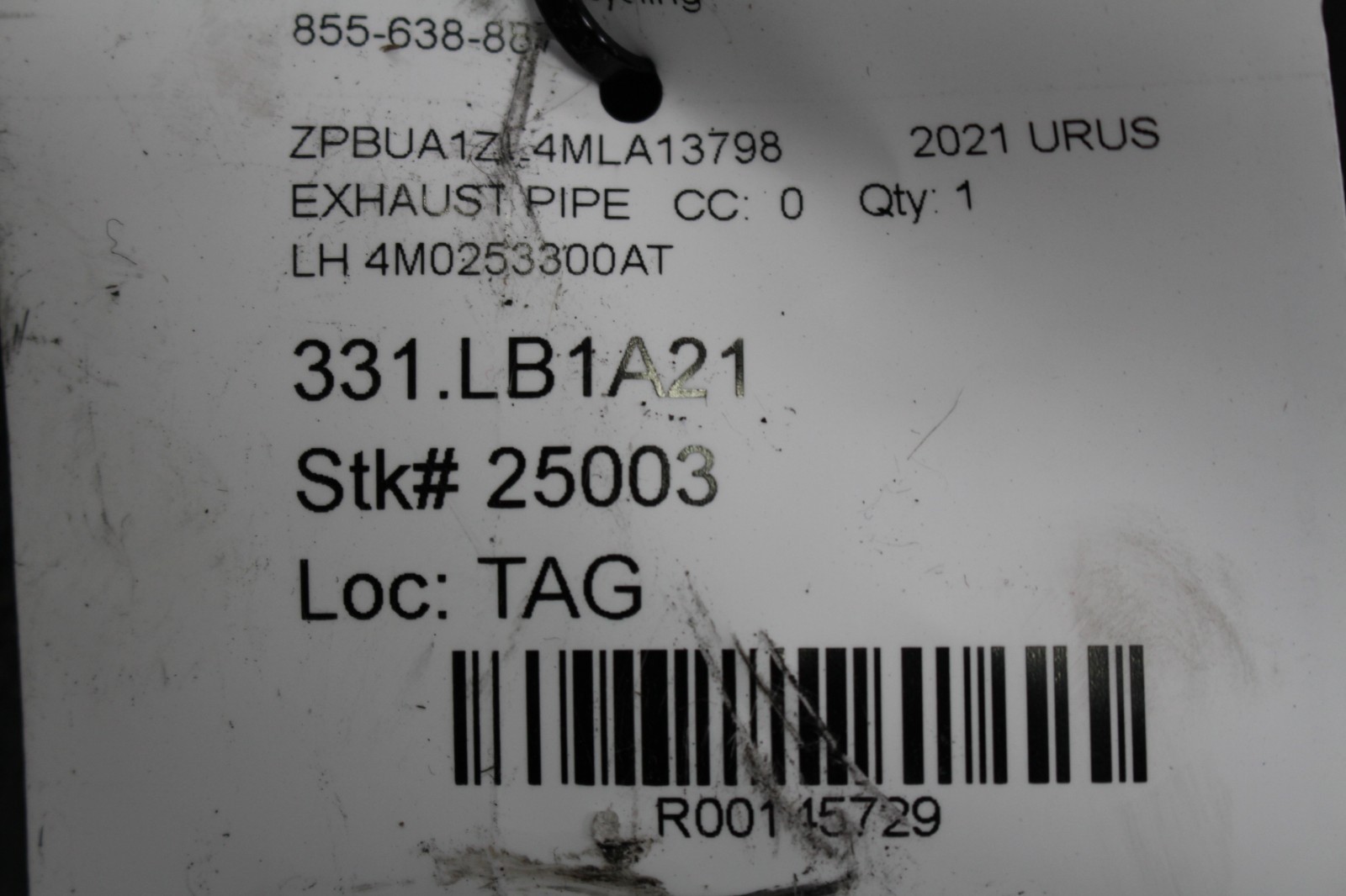 Lamborghini Urus, LH, Left, Exhaust Pipe, Used, P/N 4M0253300AT