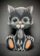Vintage Black Cat Wooden Wood Hand Painted Cat Figurine Cutout 90s Hand Painted