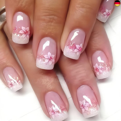 Cosmeria 24Pcs Pink Flower Press on Nails Set, Kurze Künstliche Nägel mit B