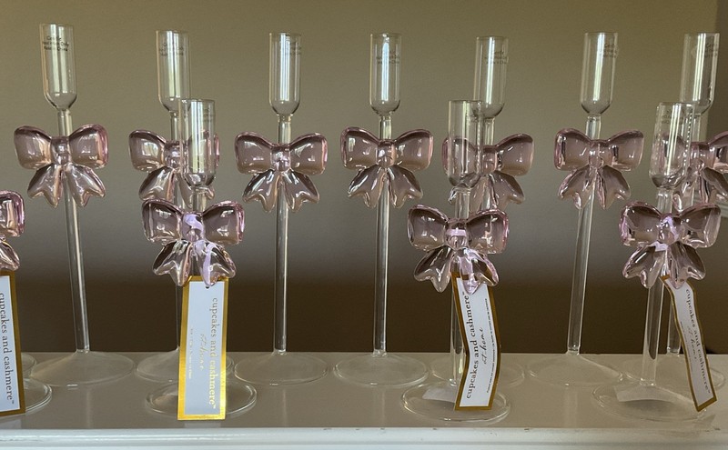 NEW Cupcakes & Cashmere  PINK BOW CANDLE HOLDER Taper Glass SET OF 12