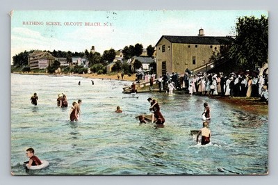 Postcard NY Olcott Beach New York Crowd People on The Pier View Antique