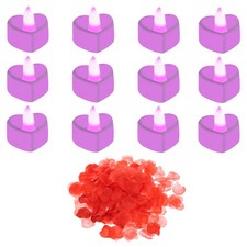 Heart Shaped LED Candles Pink Light with Artificial Red Rose Petal, 12 Pcs