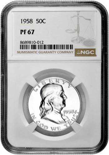 1958 50C Proof Silver Franklin Half Dollar NGC Graded PF 67 in New Holder