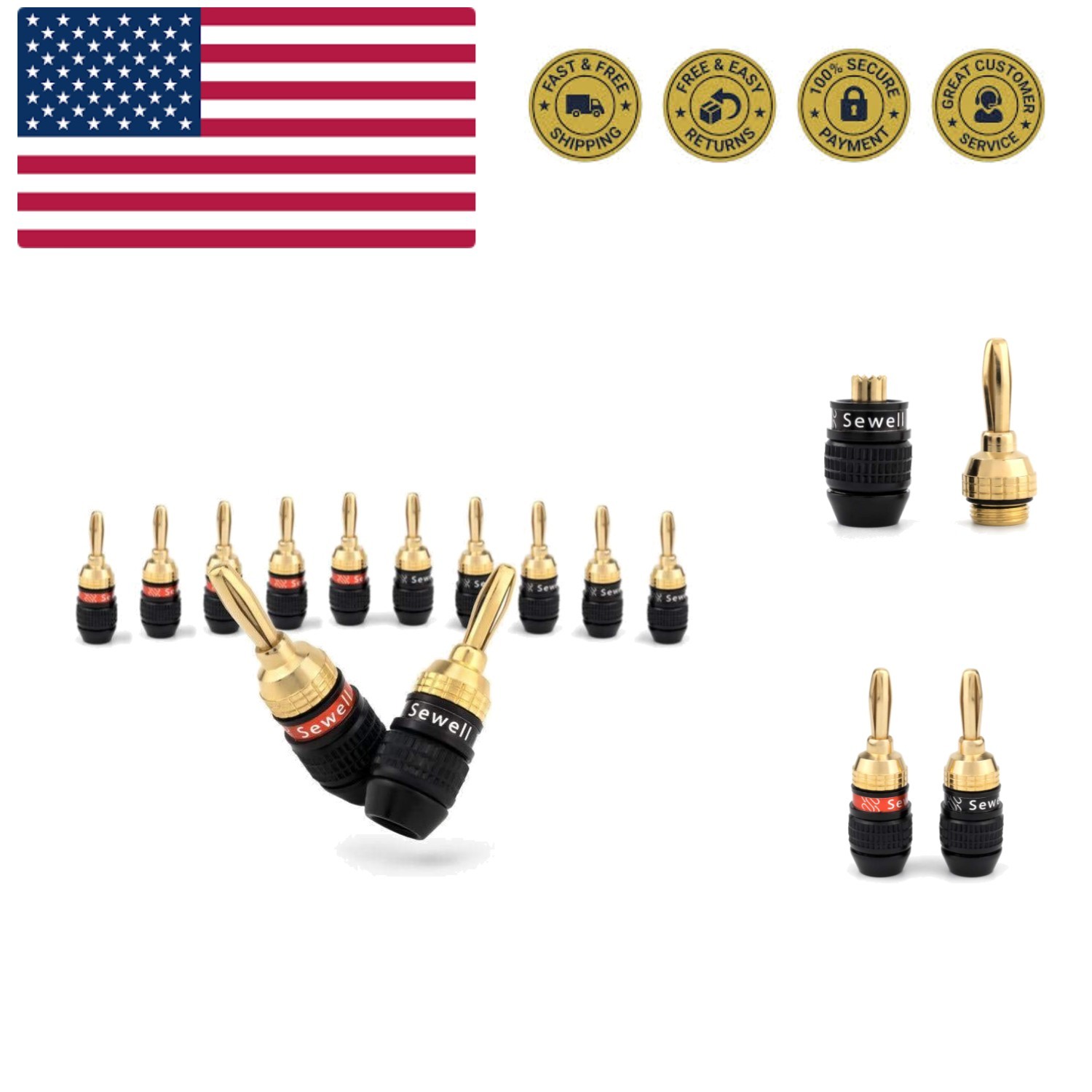 Deadbolt Banana Plugs 6-Pairs by , Gold Plated Speaker Plugs, Quick Connect, ...
