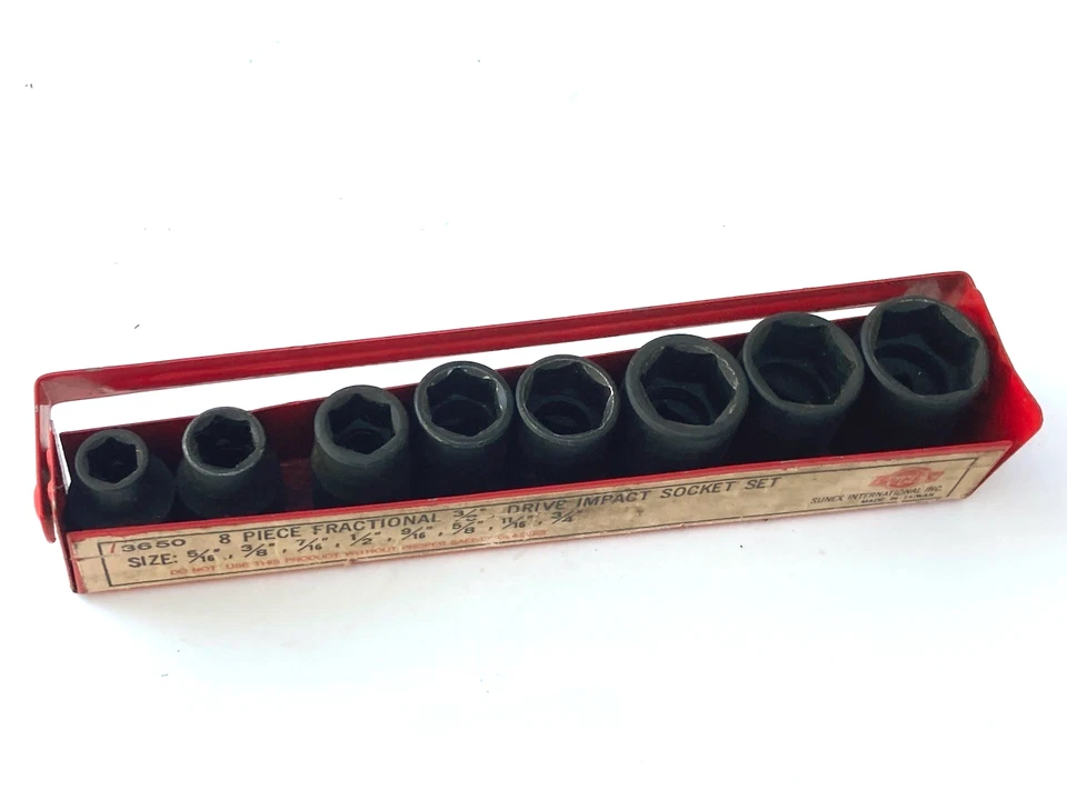 VINTAGE Sunex 8 piece fractional 3/8" drive impact socket set metal carrier 3650 - Image 4 of 4