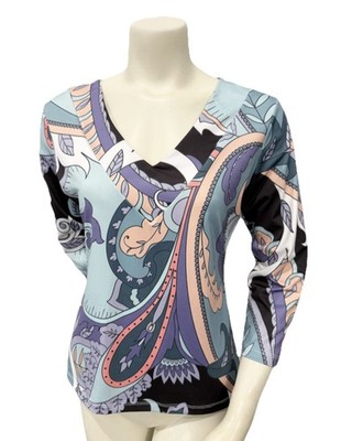 Parisou Top Small Made in USA Retro Mod Paisley Multicolor Long Sleeve V Neck