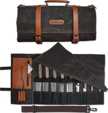 13-Pocket Knife Roll, Waxed-Canvas Leather Knife Roll Bag, Heavy-Duty Chef Kn...