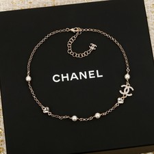 CHANEL Light Gold Hardware Crystal Inlaid Pearl CCS Necklace 24C